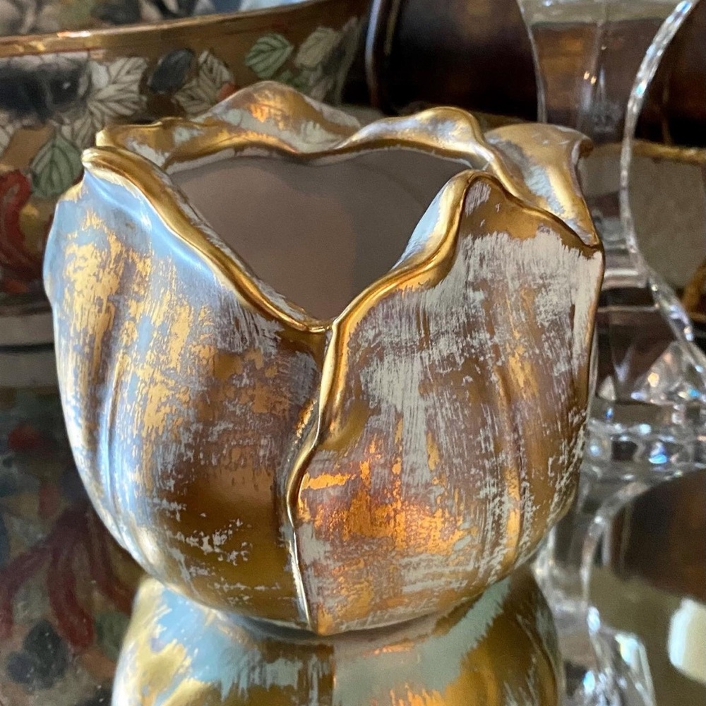 STANGL HAND PAINTED MID CENTURY 22K ANTIQUE GOLD TEA ROSE VASE MADE IN THE USA